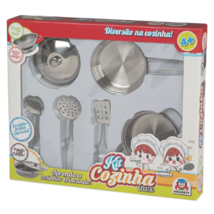 Kit Cozinha Inox Braskit Infantil com Panelas e Utensílios 4+